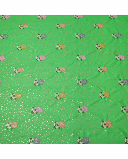 Bright Green Multicolor Floral Embroidered Cotton Voile Fabric with Sequin Detailing, 140 Cms Width, Made in India-D23727 - Regal Fabrics