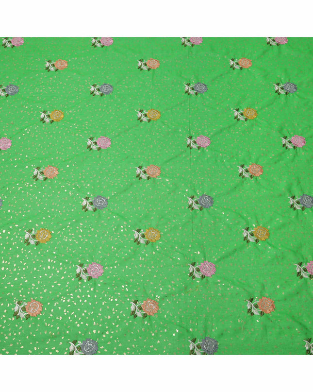 Bright Green Multicolor Floral Embroidered Cotton Voile Fabric with Sequin Detailing, 140 Cms Width, Made in India-D23727