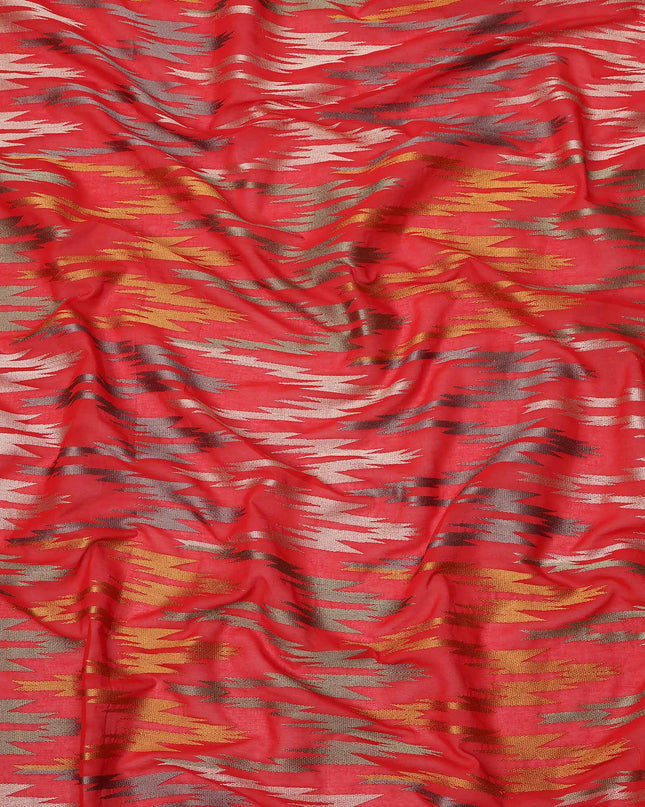 Red Multicolor Ikat-Inspired Woven Cotton Voile Fabric with Metallic Accents, 140 Cms Width, Made in India-D23728