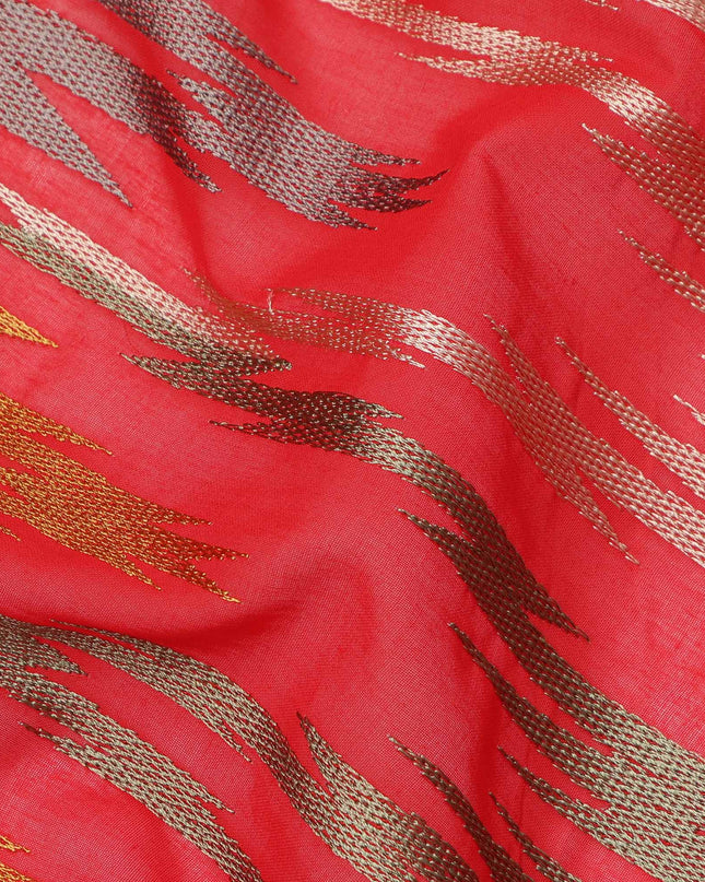 Red Multicolor Ikat-Inspired Woven Cotton Voile Fabric with Metallic Accents, 140 Cms Width, Made in India-D23728