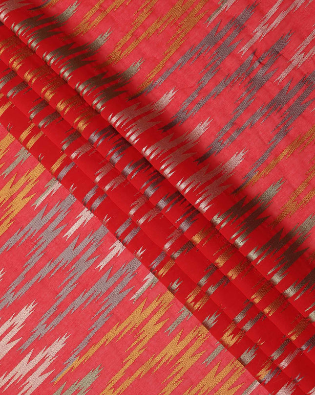 Red Multicolor Ikat-Inspired Woven Cotton Voile Fabric with Metallic Accents, 140 Cms Width, Made in India-D23728