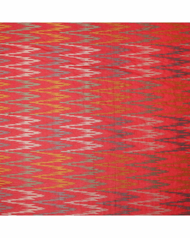 Red Multicolor Ikat-Inspired Woven Cotton Voile Fabric with Metallic Accents, 140 Cms Width, Made in India-D23728
