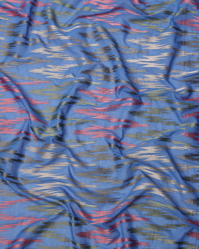 Royal Blue Multicolor Ikat-Inspired Woven Cotton Voile Fabric with Metallic Threads, 140 Cms Width, Made in India-D23729