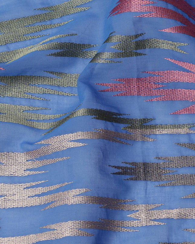 Royal Blue Multicolor Ikat-Inspired Woven Cotton Voile Fabric with Metallic Threads, 140 Cms Width, Made in India-D23729