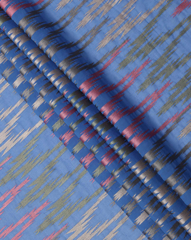 Royal Blue Multicolor Ikat-Inspired Woven Cotton Voile Fabric with Metallic Threads, 140 Cms Width, Made in India-D23729