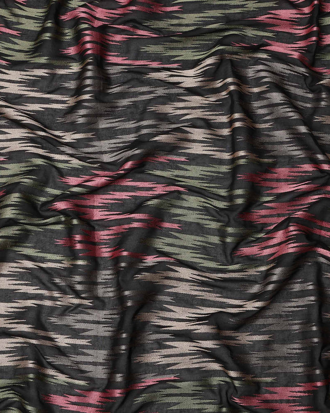Black Multicolor Ikat-Inspired Woven Cotton Voile Fabric with Metallic Threads, 140 Cms Width, Made in India-D23730