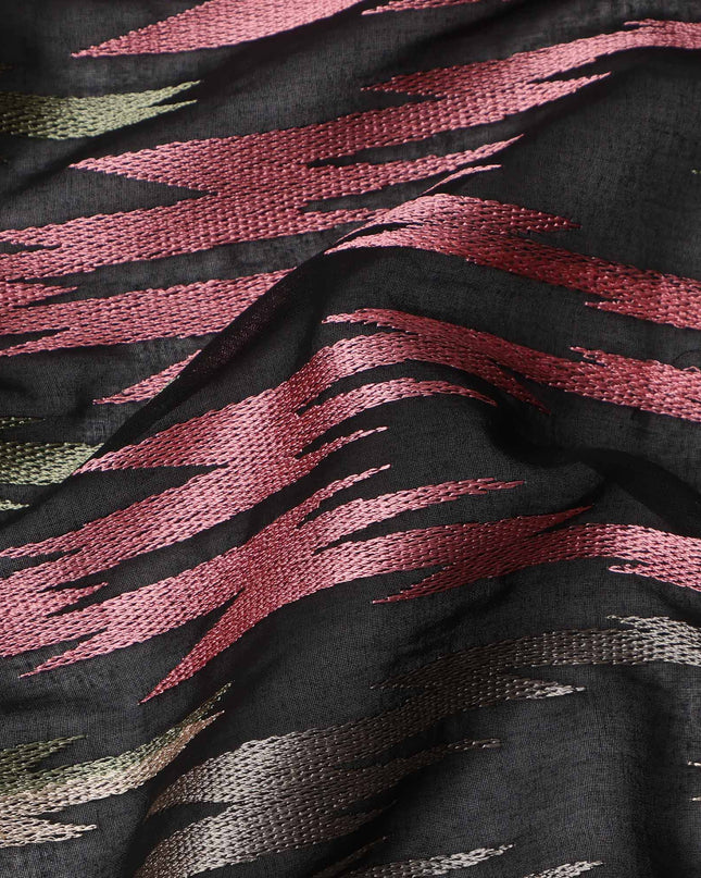 Black Multicolor Ikat-Inspired Woven Cotton Voile Fabric with Metallic Threads, 140 Cms Width, Made in India-D23730