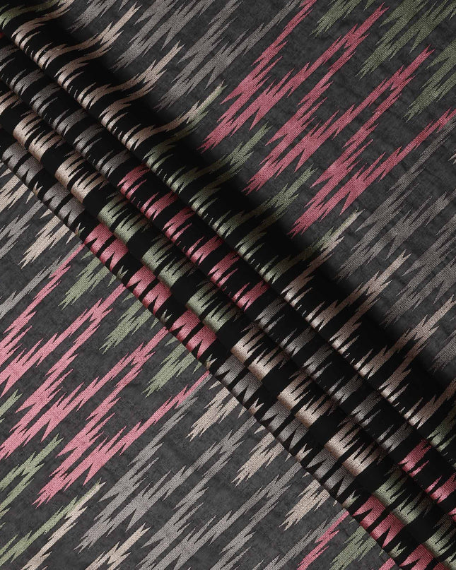 Black Multicolor Ikat-Inspired Woven Cotton Voile Fabric with Metallic Threads, 140 Cms Width, Made in India-D23730
