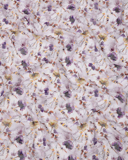 White Lilac Multicolor Floral Printed Cotton Voile Fabric with Watercolor Effect, 140 Cms Width, Made in India-D23731