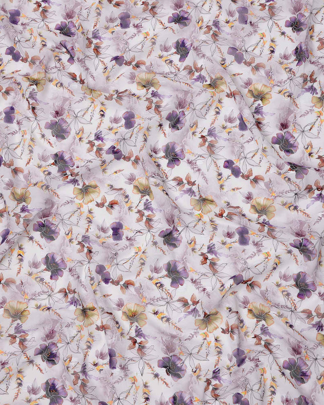 White Lilac Multicolor Floral Printed Cotton Voile Fabric with Watercolor Effect, 140 Cms Width, Made in India-D23731