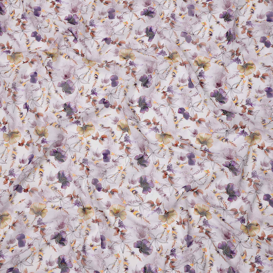 White Lilac Multicolor Floral Printed Cotton Voile Fabric with Watercolor Effect, 140 Cms Width, Made in India-D23731