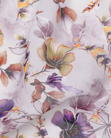 White Lilac Multicolor Floral Printed Cotton Voile Fabric with Watercolor Effect, 140 Cms Width, Made in India-D23731
