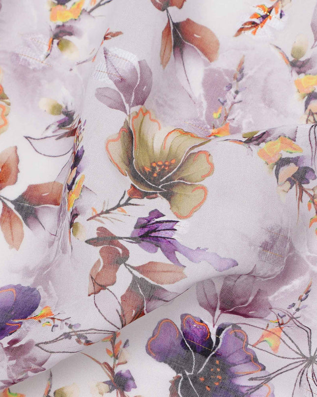White Lilac Multicolor Floral Printed Cotton Voile Fabric with Watercolor Effect, 140 Cms Width, Made in India-D23731