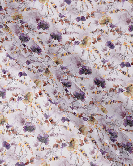 White Lilac Multicolor Floral Printed Cotton Voile Fabric with Watercolor Effect, 140 Cms Width, Made in India-D23731