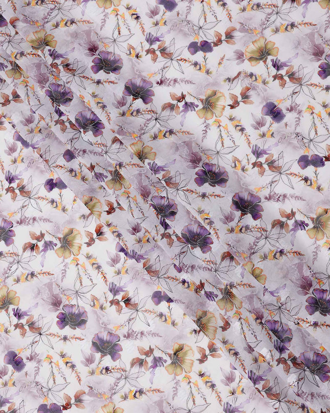 White Lilac Multicolor Floral Printed Cotton Voile Fabric with Watercolor Effect, 140 Cms Width, Made in India-D23731