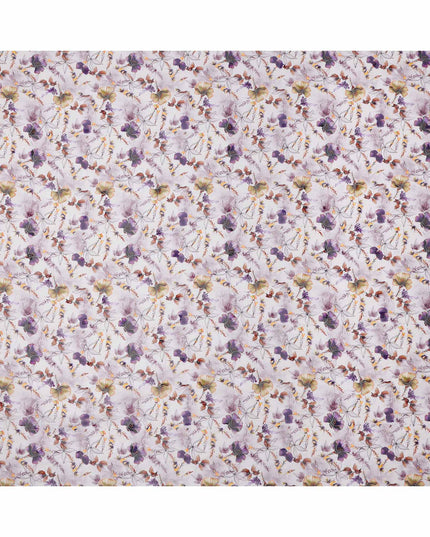 White Lilac Multicolor Floral Printed Cotton Voile Fabric with Watercolor Effect, 140 Cms Width, Made in India-D23731