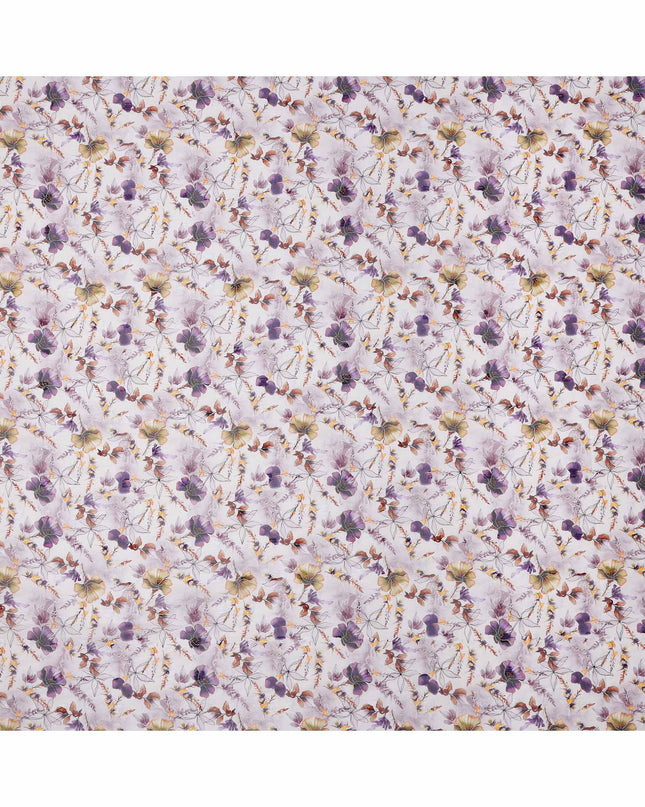 White Lilac Multicolor Floral Printed Cotton Voile Fabric with Watercolor Effect, 140 Cms Width, Made in India-D23731