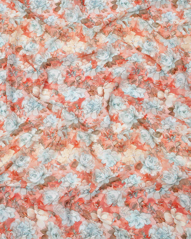 Coral Peach and Sky Blue Vintage Floral Printed Cotton Voile Fabric, 140 Cms Width, Made in India-D23732