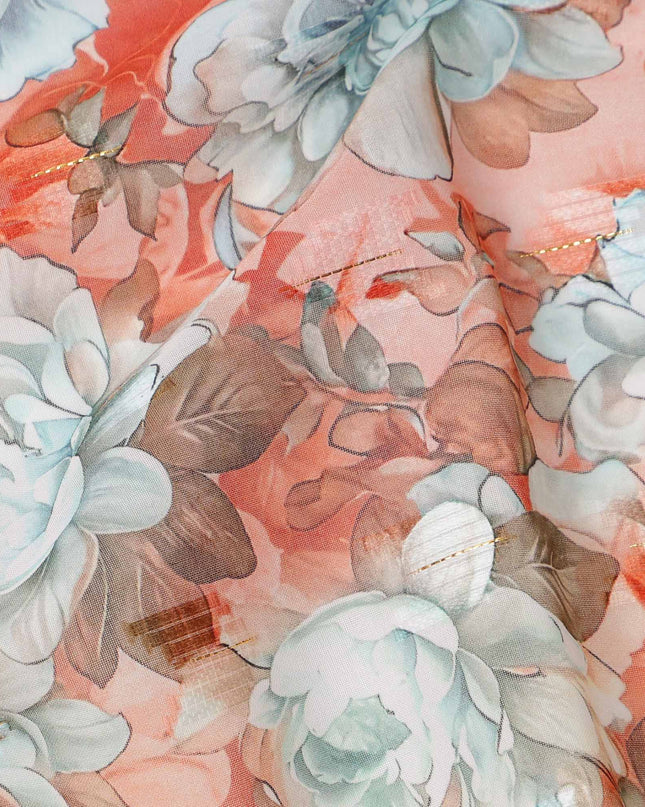 Coral Peach and Sky Blue Vintage Floral Printed Cotton Voile Fabric, 140 Cms Width, Made in India-D23732