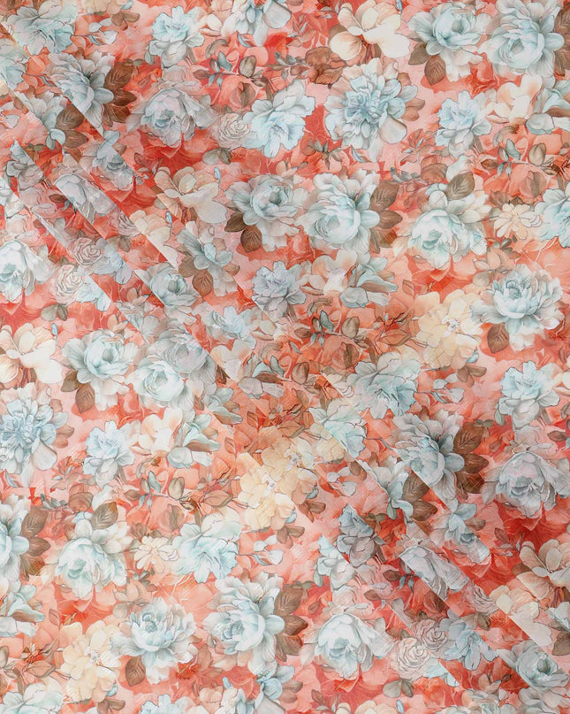 Coral Peach and Sky Blue Vintage Floral Printed Cotton Voile Fabric, 140 Cms Width, Made in India-D23732