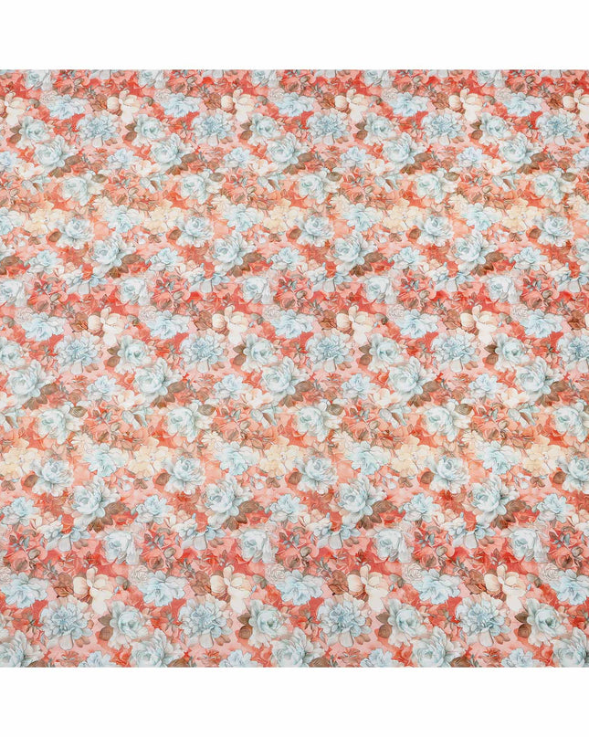 Coral Peach and Sky Blue Vintage Floral Printed Cotton Voile Fabric, 140 Cms Width, Made in India-D23732