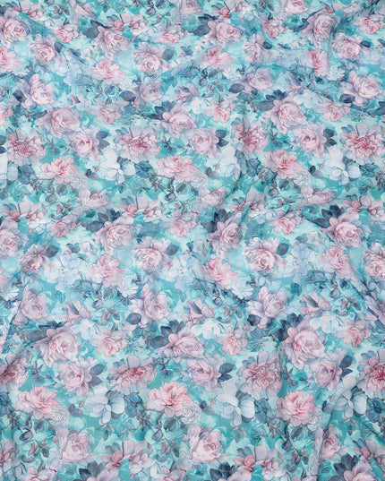 قماش فوال قطني مطبوع عليه زهور باللونين الأزرق المائي والوردي بالكامل مع تأثير الألوان المائية، عرض 140 سم، صنع في الهند - D23733
