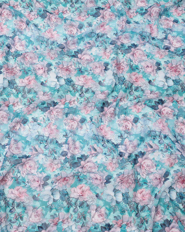 Aqua Blue and Pink All-Over Floral Printed Cotton Voile Fabric with Watercolor Effect, 140 Cms Width, Made in India-D23733