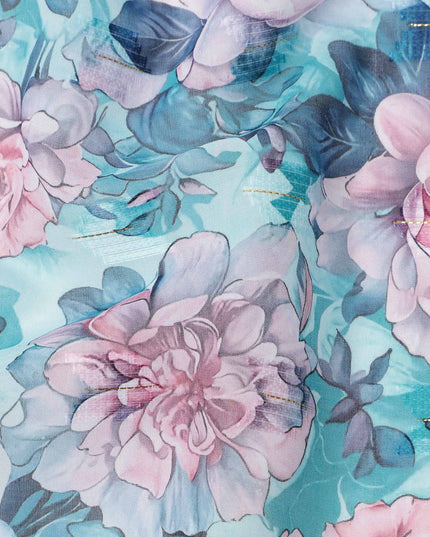 قماش فوال قطني مطبوع عليه زهور باللونين الأزرق المائي والوردي بالكامل مع تأثير الألوان المائية، عرض 140 سم، صنع في الهند - D23733