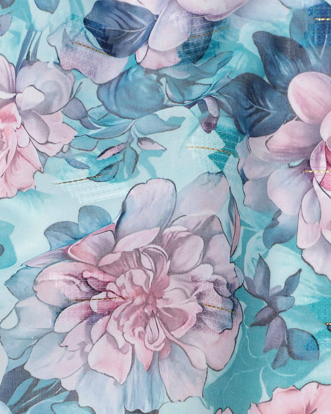 Aqua Blue and Pink All-Over Floral Printed Cotton Voile Fabric with Watercolor Effect, 140 Cms Width, Made in India-D23733