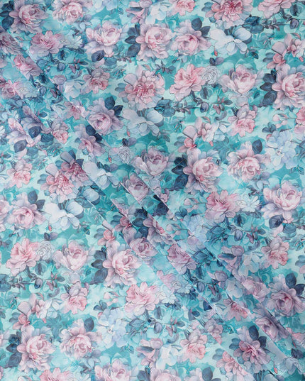 قماش فوال قطني مطبوع عليه زهور باللونين الأزرق المائي والوردي بالكامل مع تأثير الألوان المائية، عرض 140 سم، صنع في الهند - D23733