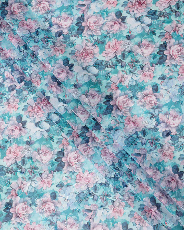 Aqua Blue and Pink All-Over Floral Printed Cotton Voile Fabric with Watercolor Effect, 140 Cms Width, Made in India-D23733