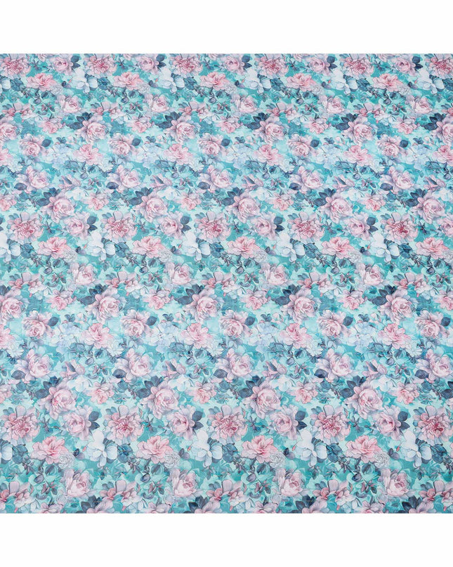 Aqua Blue and Pink All-Over Floral Printed Cotton Voile Fabric with Watercolor Effect, 140 Cms Width, Made in India-D23733