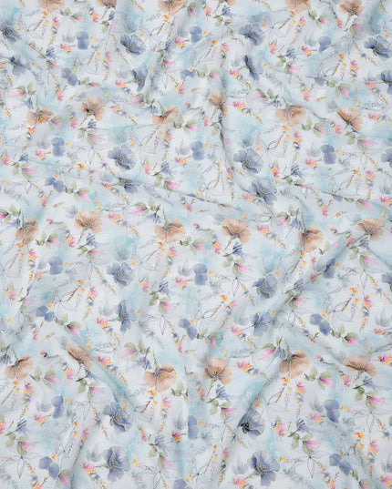 قماش فوال قطني مطبوع عليه زهور باستيلية باللونين الأبيض والأزرق والخوخي مع تأثير الألوان المائية، عرض 140 سم، صنع في الهند - D23735
