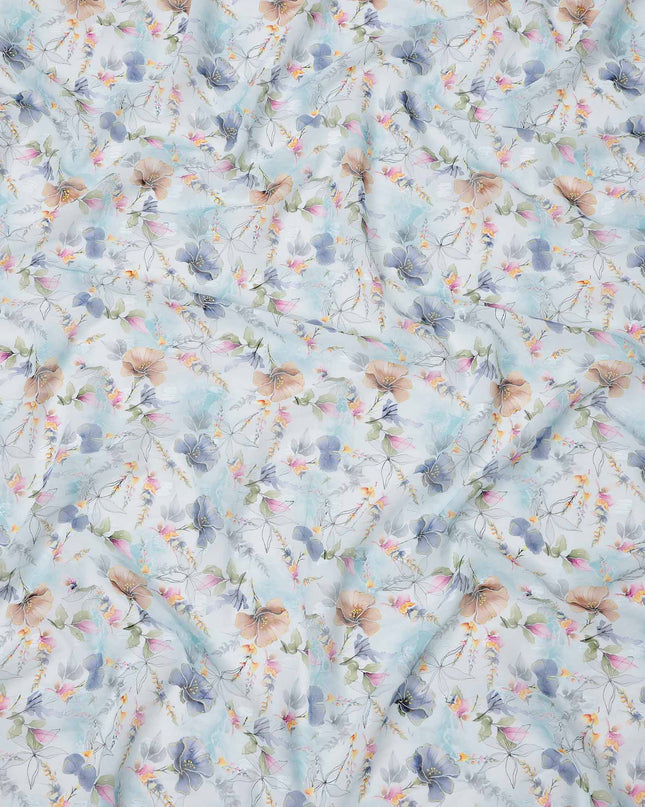 White Blue and Peach Pastel Floral Printed Cotton Voile Fabric with Watercolor Effect, 140 Cms Width, Made in India-D23735