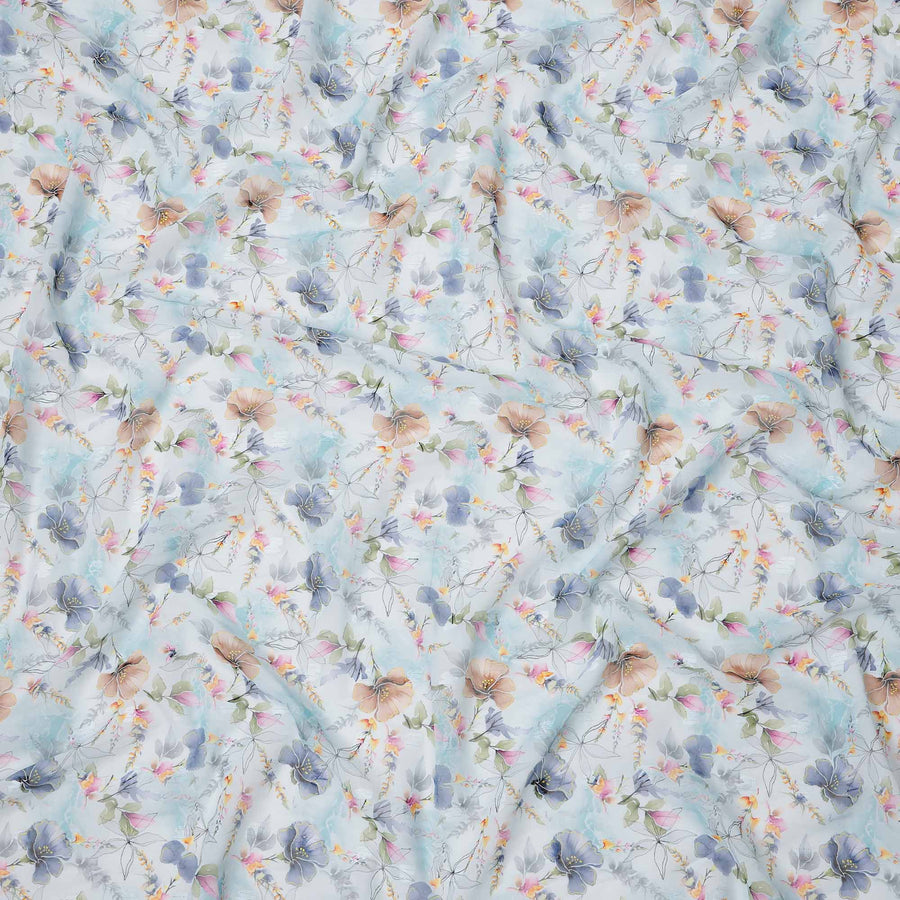 قماش فوال قطني مطبوع عليه زهور باستيلية باللونين الأبيض والأزرق والخوخي مع تأثير الألوان المائية، عرض 140 سم، صنع في الهند - D23735