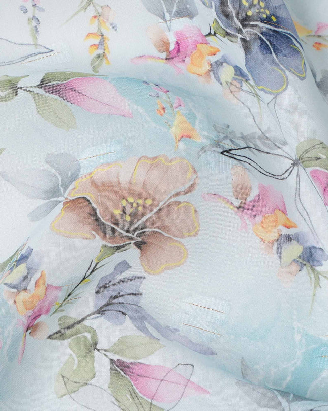 White Blue and Peach Pastel Floral Printed Cotton Voile Fabric with Watercolor Effect, 140 Cms Width, Made in India-D23735