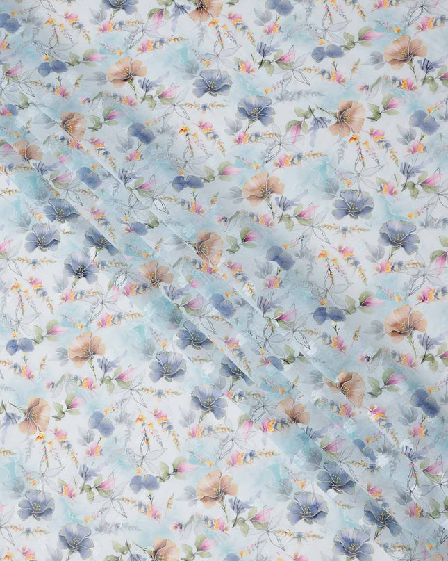 White Blue and Peach Pastel Floral Printed Cotton Voile Fabric with Watercolor Effect, 140 Cms Width, Made in India-D23735