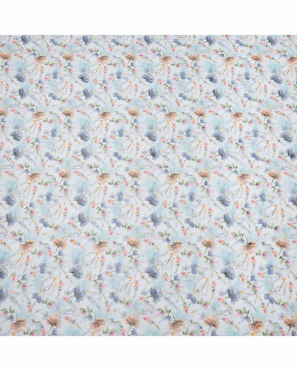 قماش فوال قطني مطبوع عليه زهور باستيلية باللونين الأبيض والأزرق والخوخي مع تأثير الألوان المائية، عرض 140 سم، صنع في الهند - D23735