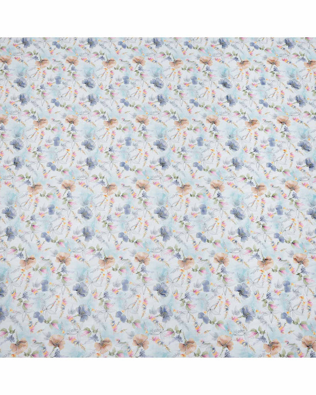 White Blue and Peach Pastel Floral Printed Cotton Voile Fabric with Watercolor Effect, 140 Cms Width, Made in India-D23735
