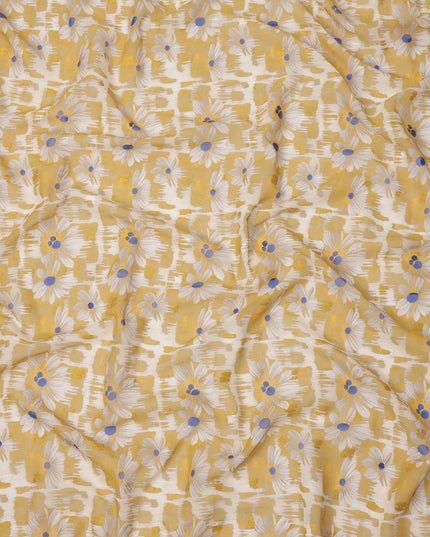 قماش فوال قطني مطبوع عليه زهور الأقحوان باللونين الأصفر الخردلي والأبيض مع خلفية تجريدية بضربات الفرشاة، عرض 140 سم، صنع في الهند - D23736