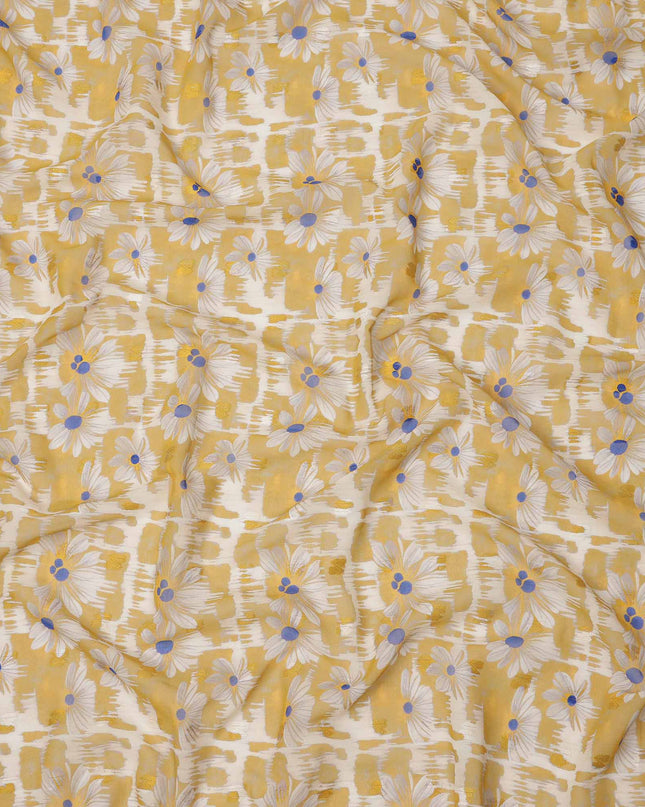 Mustard Yellow and White Daisy Printed Cotton Voile Fabric with Abstract Brushstroke Background, 140 Cms Width, Made in India-D23736