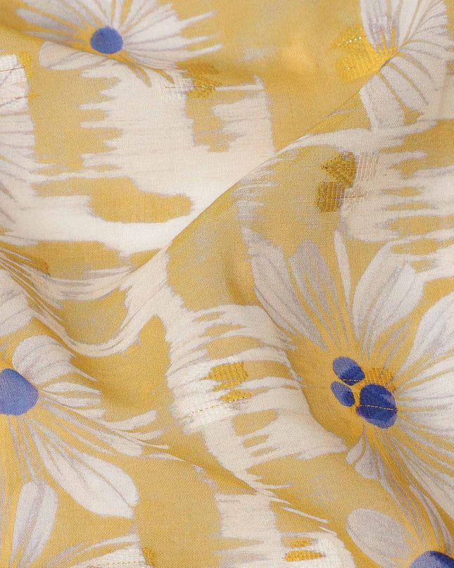 Mustard Yellow and White Daisy Printed Cotton Voile Fabric with Abstract Brushstroke Background, 140 Cms Width, Made in India-D23736