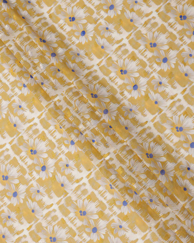 Mustard Yellow and White Daisy Printed Cotton Voile Fabric with Abstract Brushstroke Background, 140 Cms Width, Made in India-D23736