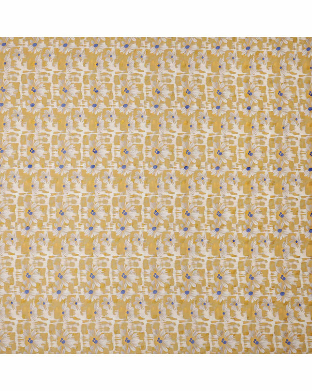 Mustard Yellow and White Daisy Printed Cotton Voile Fabric with Abstract Brushstroke Background, 140 Cms Width, Made in India-D23736