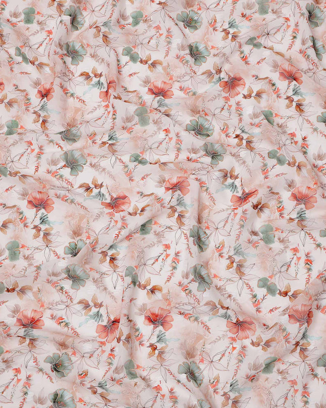 Peach and Coral Watercolor Floral Printed Cotton Voile Fabric with Soft Leafy Motifs, 140 Cms Width, Made in India-D23737