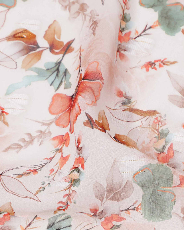 Peach and Coral Watercolor Floral Printed Cotton Voile Fabric with Soft Leafy Motifs, 140 Cms Width, Made in India-D23737