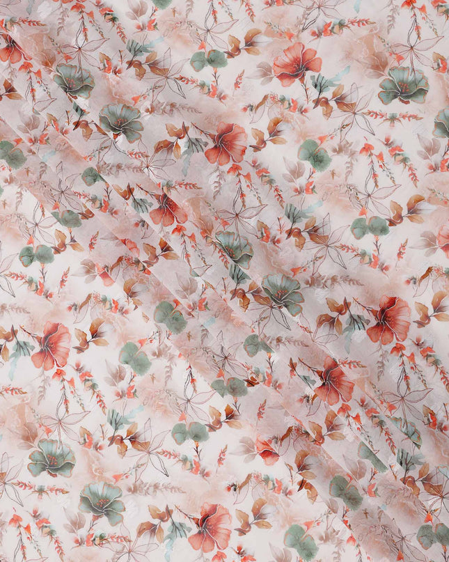 Peach and Coral Watercolor Floral Printed Cotton Voile Fabric with Soft Leafy Motifs, 140 Cms Width, Made in India-D23737