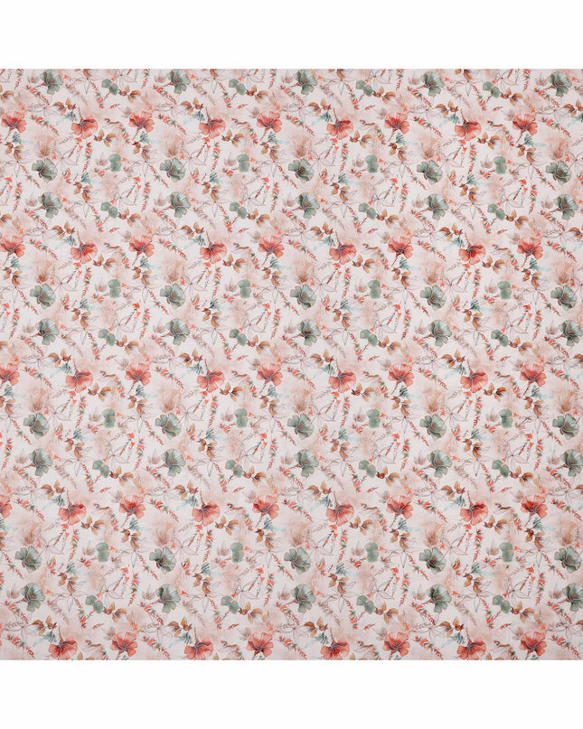Peach and Coral Watercolor Floral Printed Cotton Voile Fabric with Soft Leafy Motifs, 140 Cms Width, Made in India-D23737