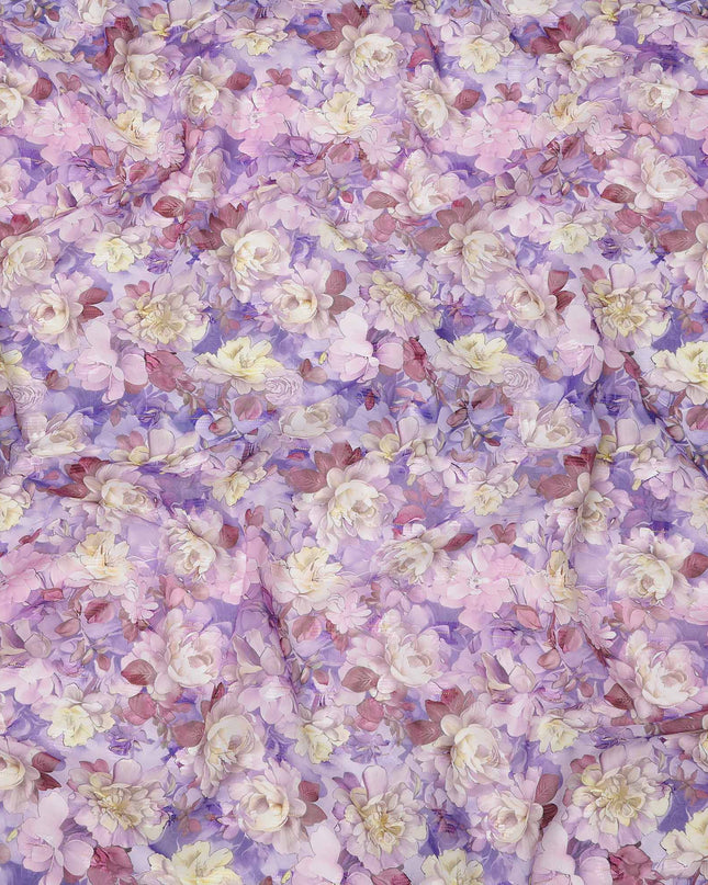 Lavender and Mauve Digital Floral Printed Cotton Voile Fabric with Cream Blooms and Soft Leaf Accents, 140 Cms Width, Made in India-D23738