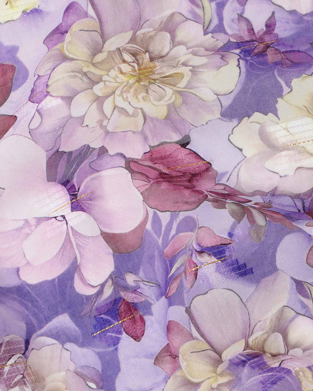 Lavender and Mauve Digital Floral Printed Cotton Voile Fabric with Cream Blooms and Soft Leaf Accents, 140 Cms Width, Made in India-D23738
